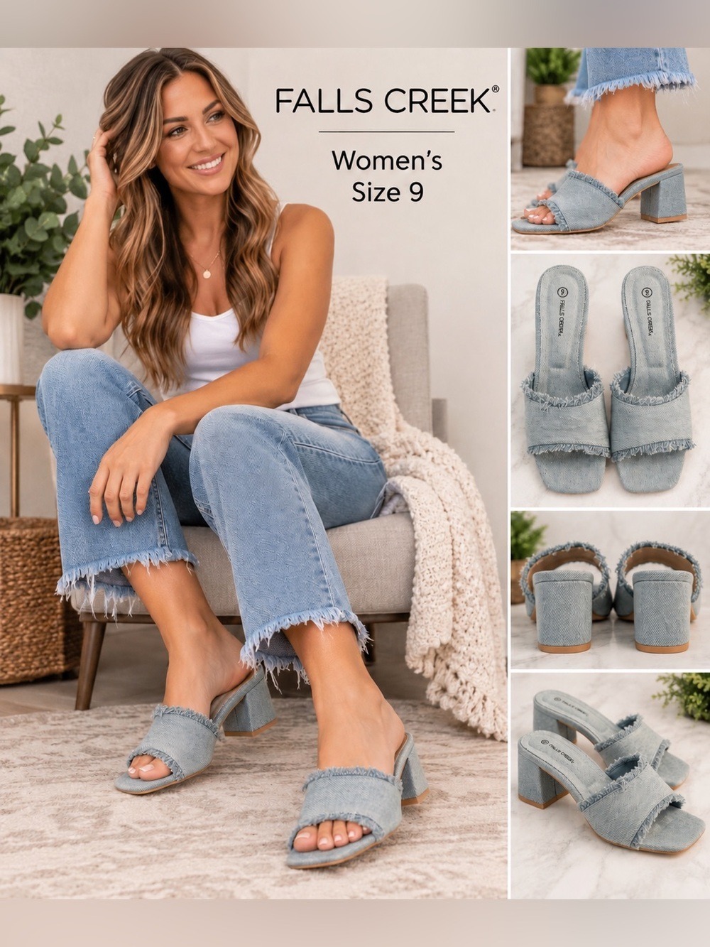 Falls Creek Maren Denim Frayed Block Heel Mule Sandals Women’s Size 9